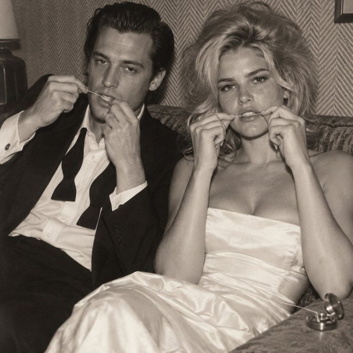 A couple in black tie flossing together on a sofa