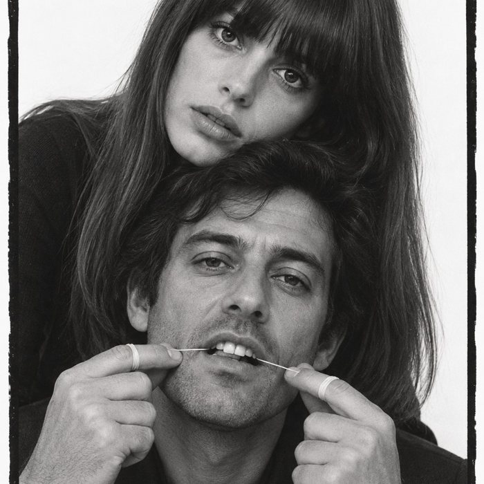 A woman rests her head on a man who is flossing