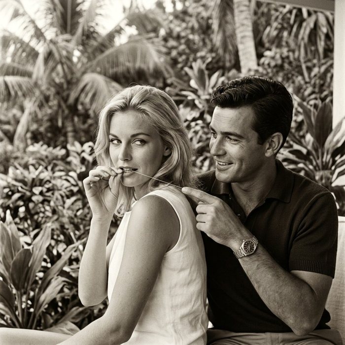A woman flosses in a tropical garden as a man points at her