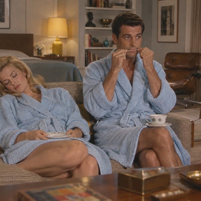 A man flosses in a bathrobe while his partner sleeps
