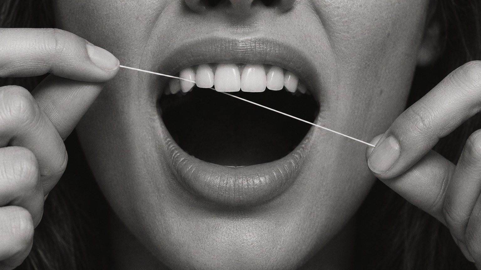 Black-and-white close-up of a woman flossing with both hands, mouth wide open
